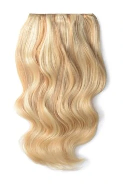 Double Wefted Full Head Remy Clip In Human Hair Extensions - Peaches & Cream (#27/613)(Double Wefted Set Clip In Hair Extensions Blonde Mix 27 613)