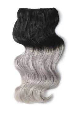 Double Wefted Full Head Remy Clip In Human Hair Extensions - Silver Black Ombre (#T1B/SG)(Double Wefted Full Head Remy Clip In Human Hair Extensions Ombre Ombre T1b Sg)