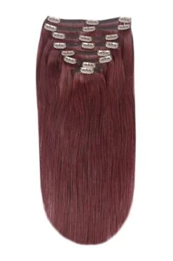 Full Head Remy Clip In Human Hair Extensions - Mahogany Red (#99J)(Full Head Set Clip In Hair Extensions Mahogany Deep Wine Red 99j)