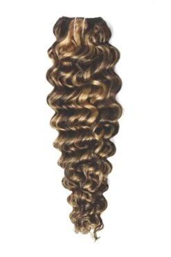 Curly Clip-In Human Hair Extensions -Chocolate Honey (#4/27)(Curly Full Head Remy Clip In Human Hair Extensions Brown Blonde Mix 4 27)
